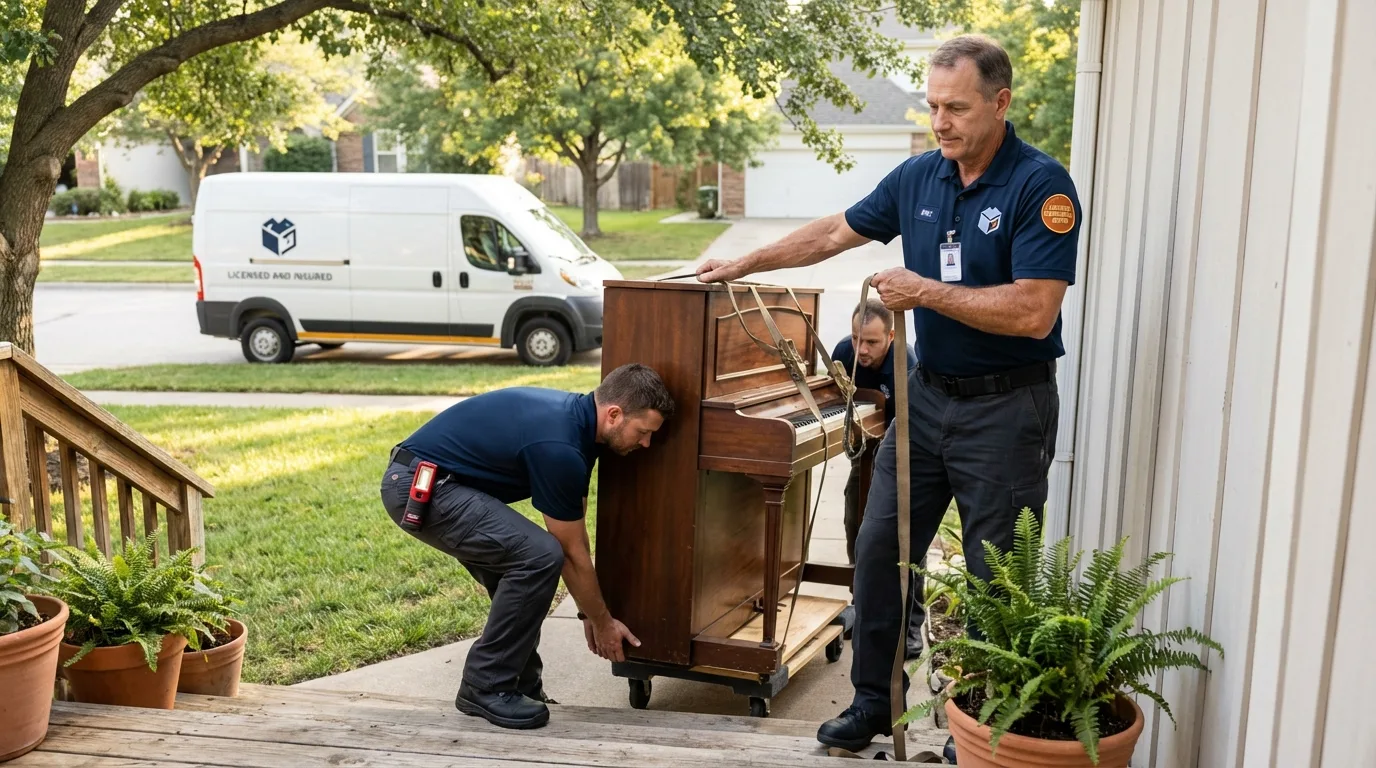 Licensed piano movers securing grand piano in Wakefield, MA