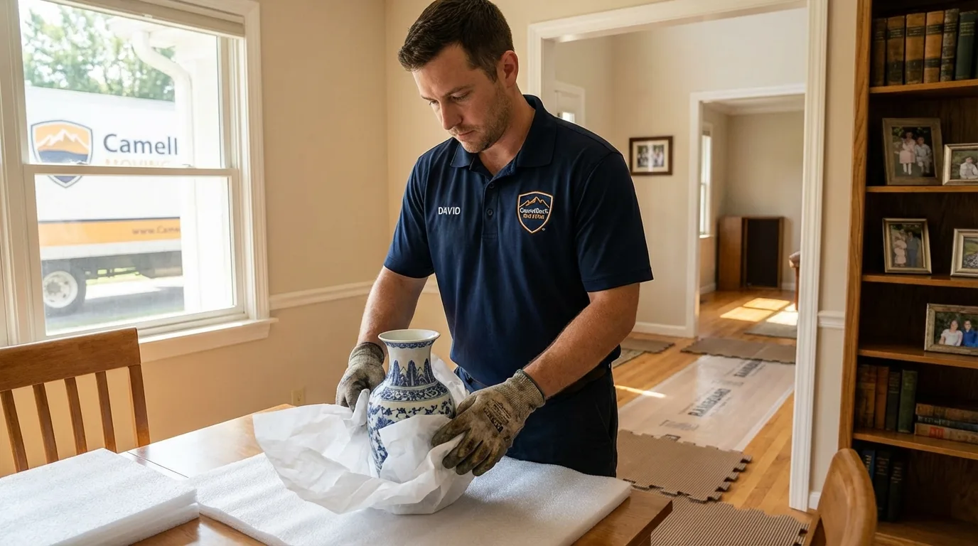 Professional crew carefully wrapping antique vase for senior downsizing move in Wakefield, MA